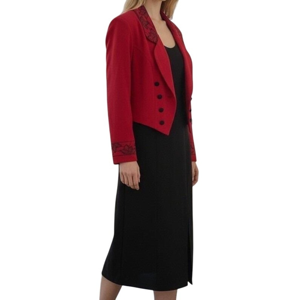 DressBarn Jacket Dress Set Women 14W Red Black Embroidered Floral Vintage Work